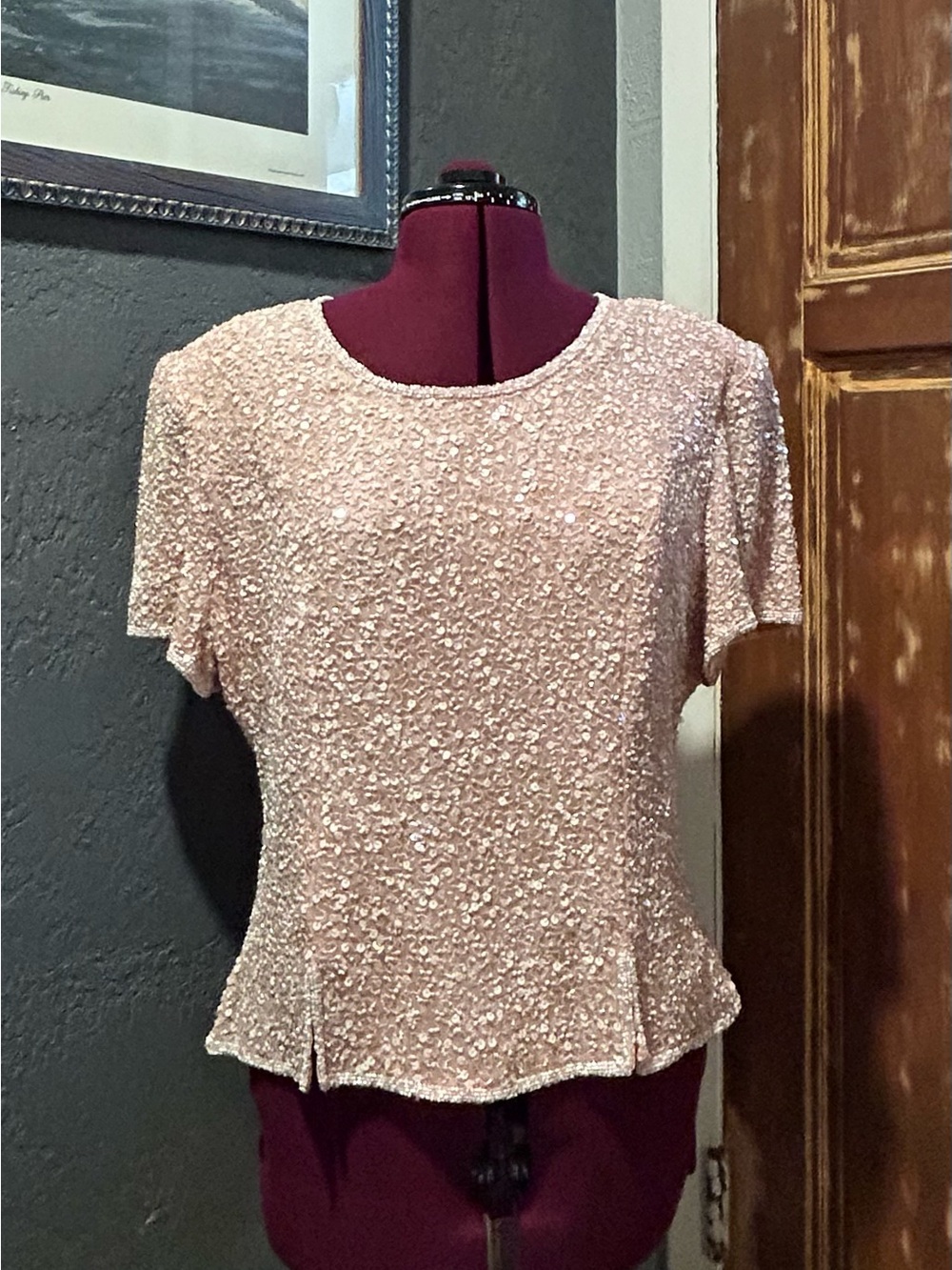 Scala Blush Pink Sequin and beads Short-Sleeve Top